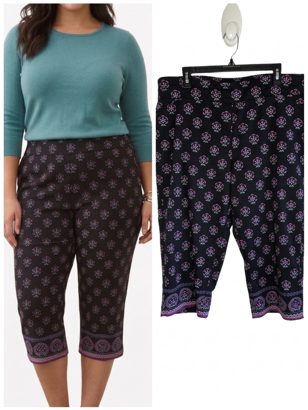 Croft & Borrow Capri Pants Black Floral Women's Plus Size 18